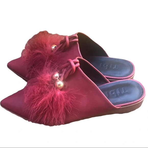 TIBI BURGUNDY FEATHER MULES - Picture 1 of 5